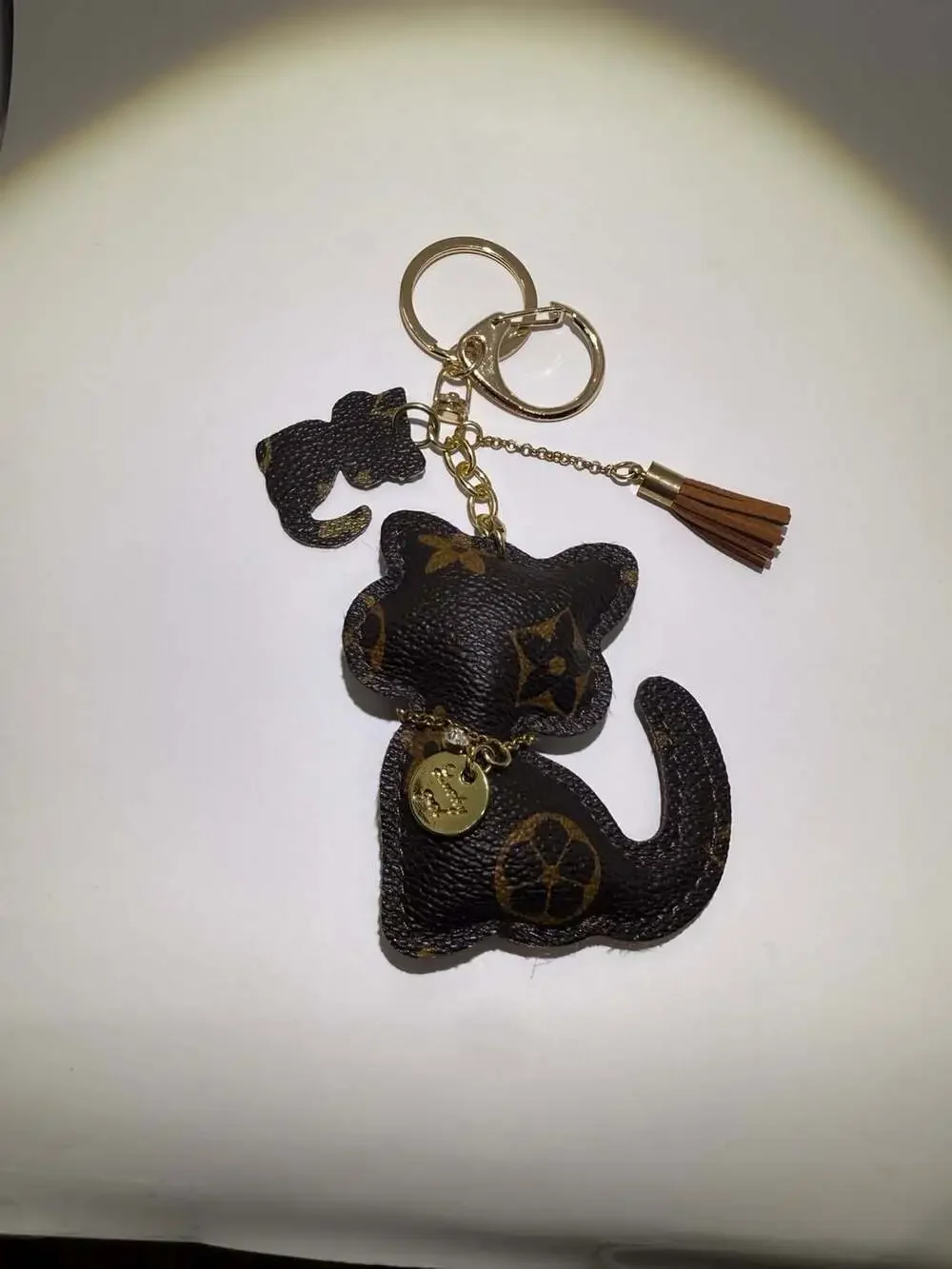 Unbranded Cat Keychain Monogram PU Leather Tassel Pendant Brown